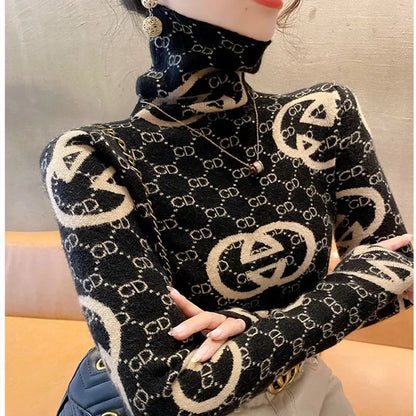 Women Clothing Vintage Jacquard Knitwear Autumn Winter Slim Knitted Turtleneck Pullovers Fashion Comfortable Wool Sweaters