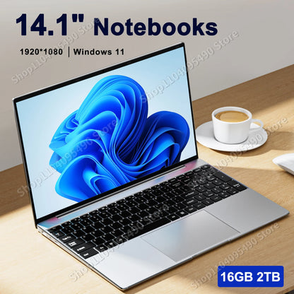 Ultra Slim Laptop 14.1" 16GB RAM 2TB SSD Intel N3700 Notebook Gamer 1920*1080 Display Office Study Computer PC Windows 11 Pro