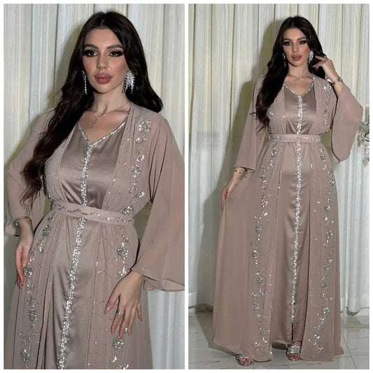 Muslim Middle East Diamonds Jalabiya Women 2 Pieces Dress Set Dubai Turkey Kaftan Abaya Marocain Robe Arabic Djellaba Eid Gown