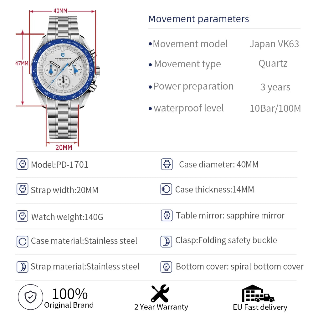 PAGANI DESIGN Men's Watches Blue Aerospace Moon Quartz Watch For Men Speed Sport Chronograph AR Sapphire crystal 2024 New Clock