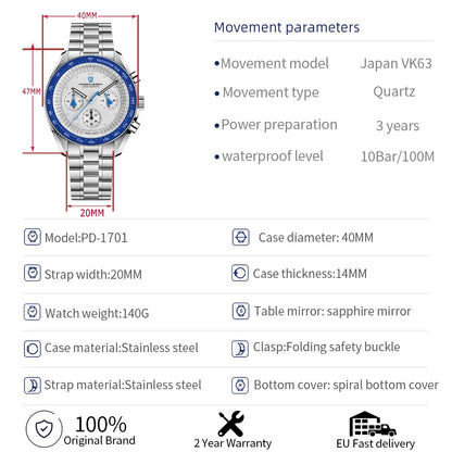 PAGANI DESIGN Men's Watches Blue Aerospace Moon Quartz Watch For Men Speed Sport Chronograph AR Sapphire crystal 2024 New Clock