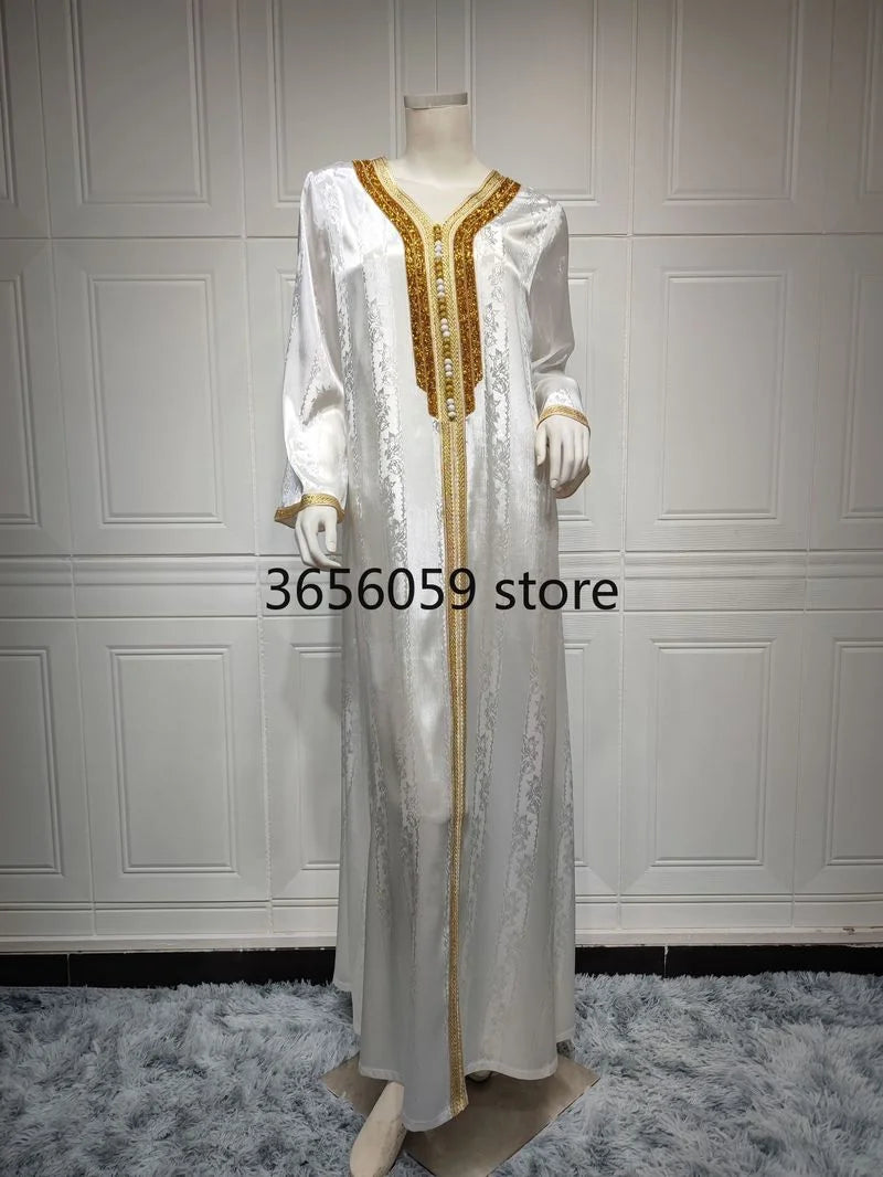 White Jacquard Satin Caftan Dresses for Women Dubai Saudi Arabian Party Evening Jalabiya Muslim Eid Abaya Moroccan Kaftan Jalaba