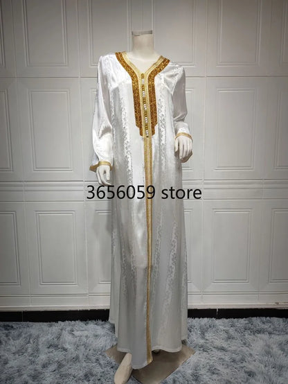 White Jacquard Satin Caftan Dresses for Women Dubai Saudi Arabian Party Evening Jalabiya Muslim Eid Abaya Moroccan Kaftan Jalaba