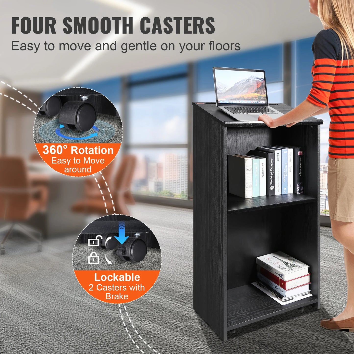 VEVOR Podium Stand 47in Hostess Stand W/ 4 Rolling Wheels & Shelves Pulpits Slant Desktop Lecterns for Churches Office School