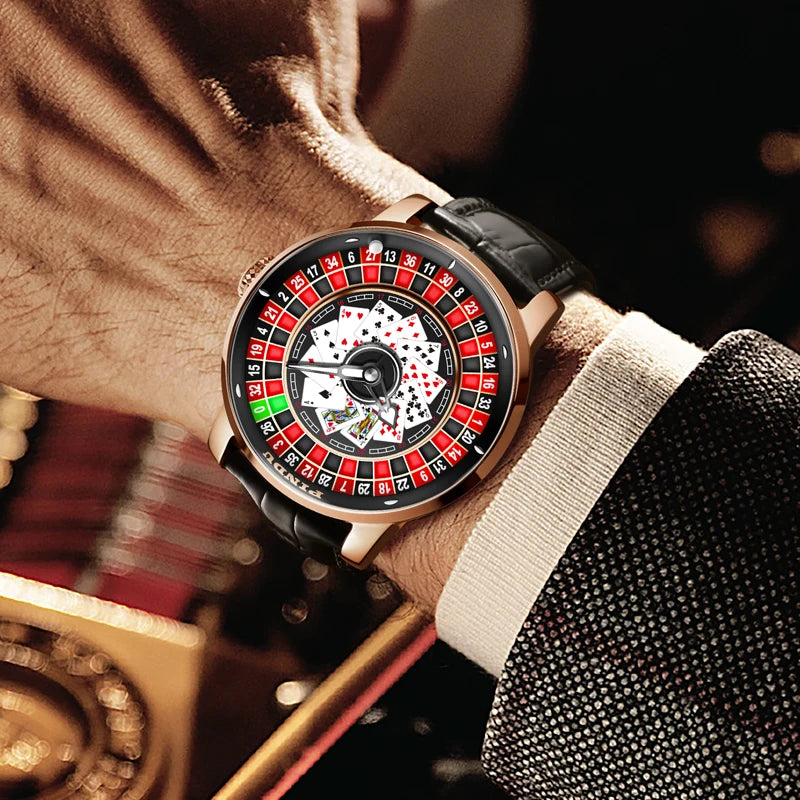 PINDU Design New Mechanical Watch NH35 Poker Rotating Dial Las Vegas Roulette Table Theme Automatic Watch Men's Luminous Hands