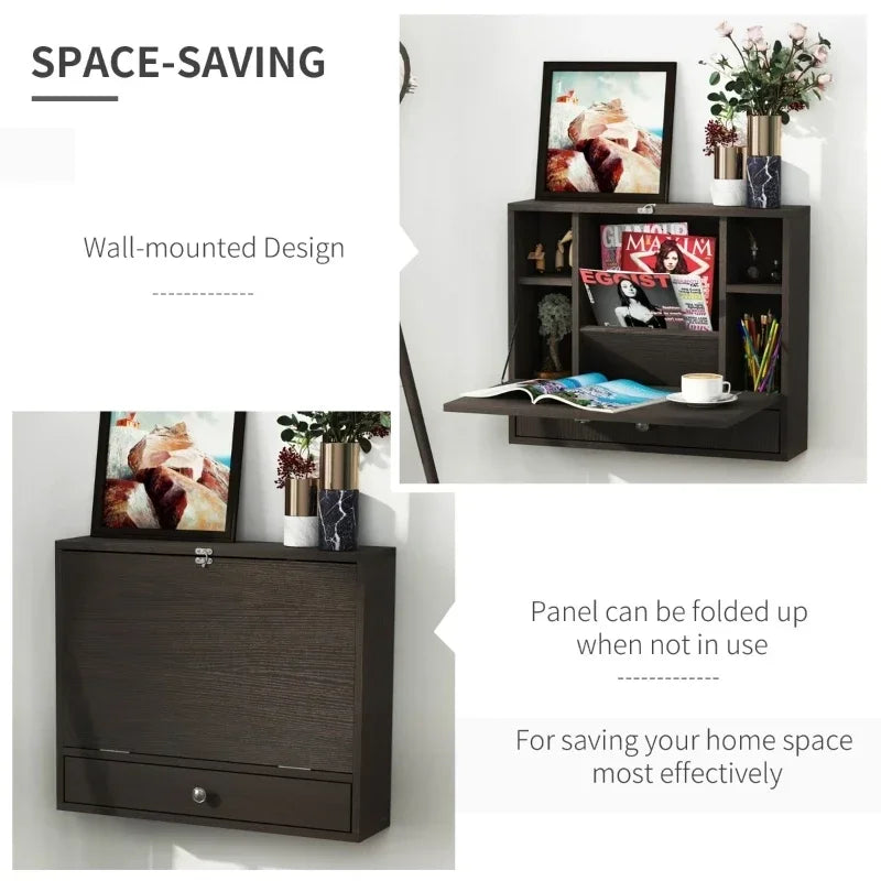 Wall Mounted Desk with Storage Shelves, Floating Desk with Foldable Tabletop, Space Saving Computer Writing Table, Coffee