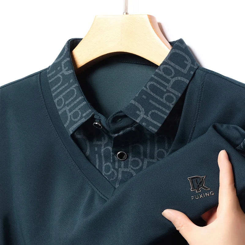 2024 Autumn New Luxury Quality Men's Fake Two Piece Polo Shirt Embroidered Printed Color Blocked Long Sleeved Lapel T-Shirt Top