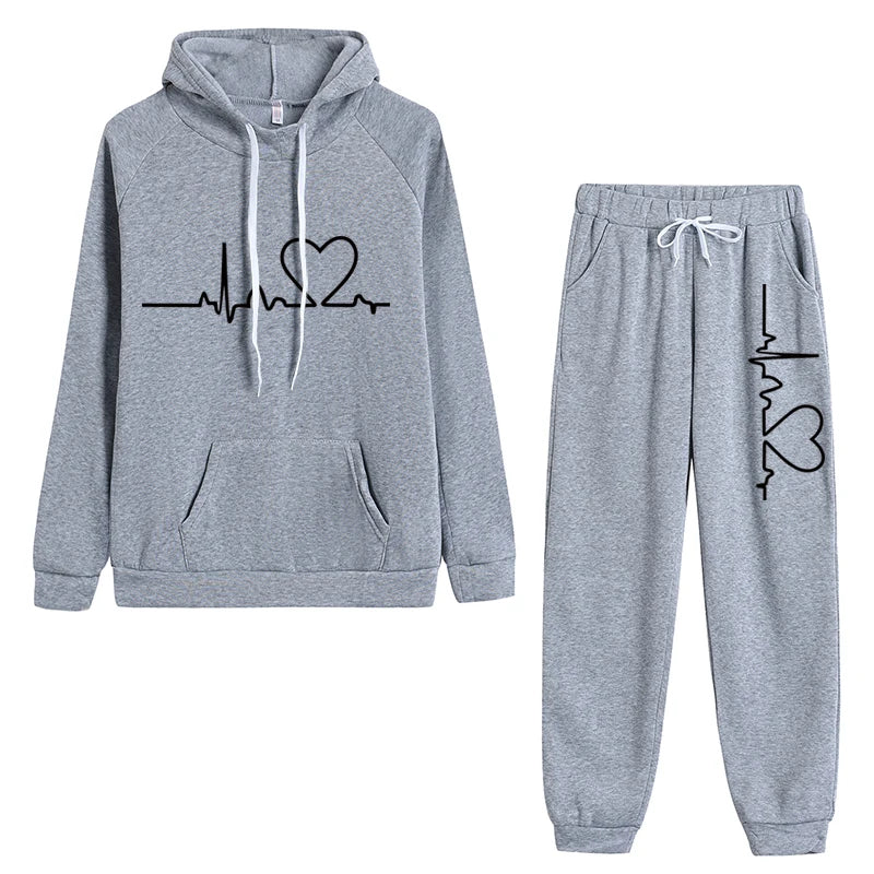 Women's 2-piece Set, Hooded Sweatshirt And Printed Pants, Running Sportswear, Girls' Warm Sportswear, Autumn And Winter