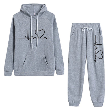 Women's 2-piece Set, Hooded Sweatshirt And Printed Pants, Running Sportswear, Girls' Warm Sportswear, Autumn And Winter