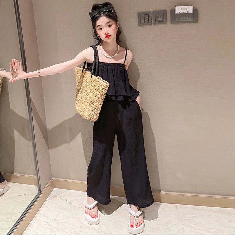 Summer Teenage Girls Clothing Sets Children Fashion Sling Tops + Wide Leg Pants 2Pcs Outfits Kids Tracksuit 4 6 8 10 12 14 Years