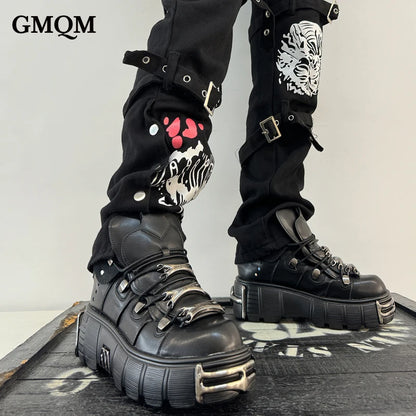 GMQM Designer Fashion Women's Ankle Boots Platform Pumps Rock Gothic Punk Style Motorcycle Boots Y2k Cosplay Metal Decoration