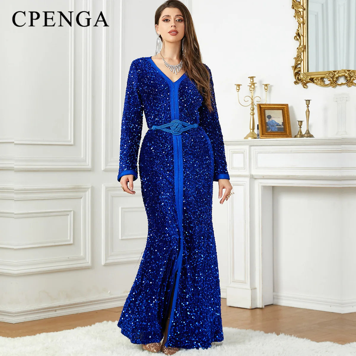 Luxury Blue Sequins Muslim Abaya Dress for Women Eid Arabic Femme Party Jalabiya Islam Turkey Dresses Moroccan Kaftan Robe