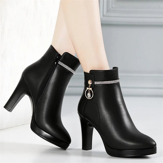 Comfortable Fashion Soft Leather Winter Shoes Platform Boots 2024 Elegant Black Block High Heel Plush Non-slip Ankle Boots