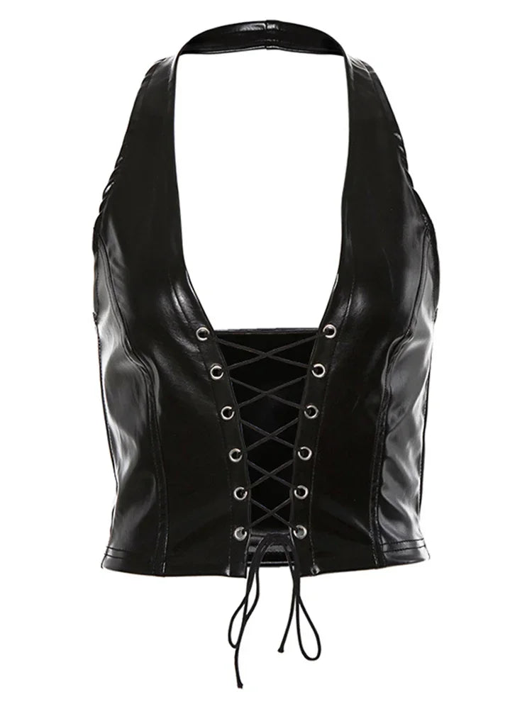 Y2K Crop Top Women Summer Black Leather Banadage Hollow Punk Style Tank Tops Vest Fashion Backless Club Party Wear