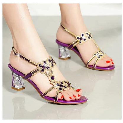 Summer New Style Rhinestone High Heel Sandals Women's Open Toe Fashion Elegant Beach Shoes Roman Diamond-encrusted Shoes