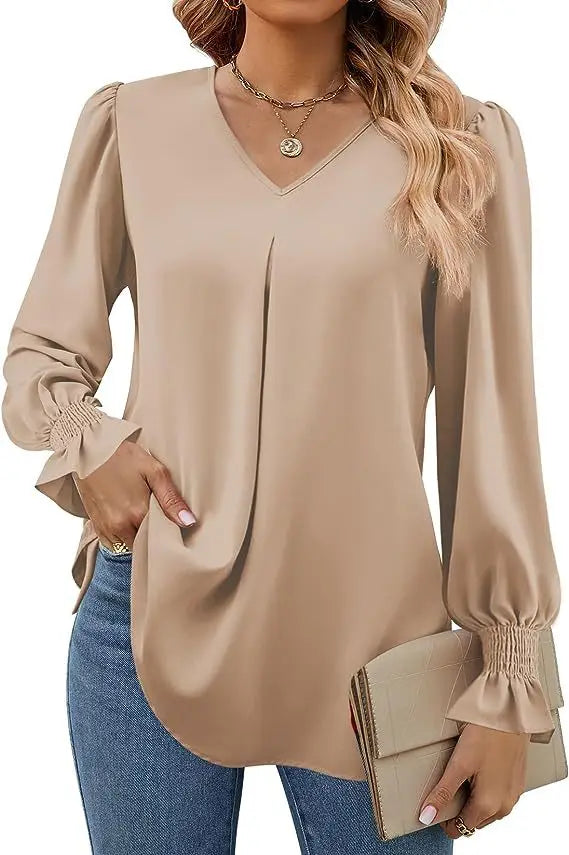 Women's New Solid Color Chiffon Shirt V-neck Pullover Flared Long Sleeved Top Shirt Office Lady Elegant Khaki Loose Blouses