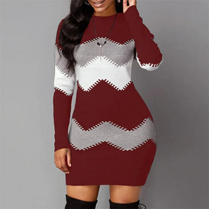 Women Elegant Patchwork Long Sleeve Warm Dress 2022 Autumn Winter Rib Knit Sweater Dress Casual Turtleneck Pullover Mini Dresses