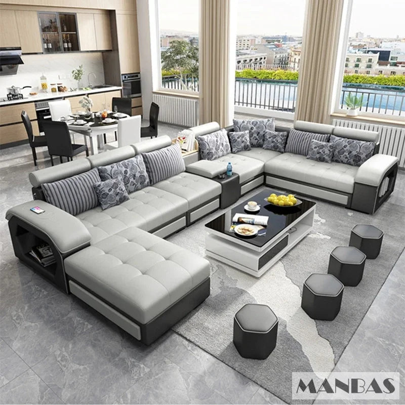 MANBAS Fabric Sofa Set Furniture Living Room Sofa Set with USB and Stools / Big U Shape Cloth Couch Sofas for Home Furniture