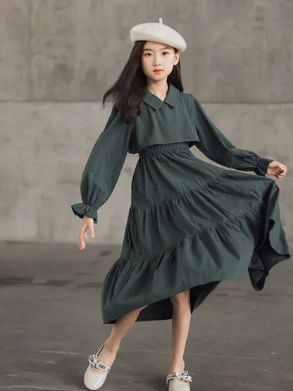 2023 Spring Teen Girls Elegant Long Shirt Dress Sleeve Black Cotton Party  Muslim Clothes 8 10 12 13 14  Years Girls Clothes