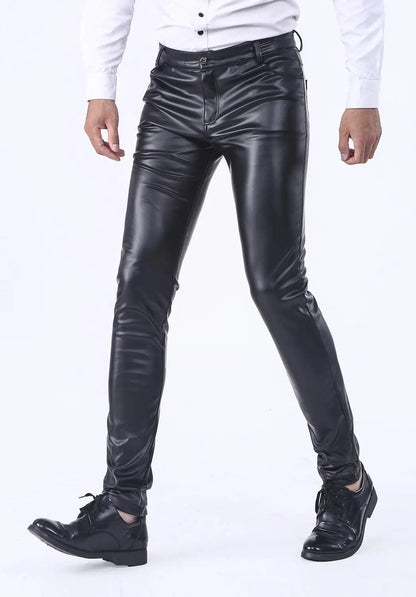 Men`s Business Slim Fit Five Pockets Faux Leather Pants Jeans