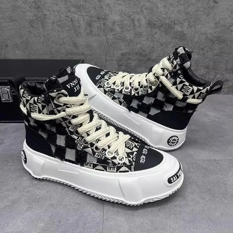 Retro Mixed Color Checkerboard Canvas Shoes Fashion Round Toe Chunky Bottom Height Increasing Man's Sport Shoes Ankle Boots