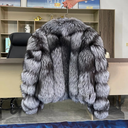 Women's Luxury Natural Fox Fur Jacket Long Turn-Down Collar Real Fox Fur Jacket Turn-down Collar Luxury