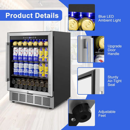 Beverage Refrigerator 24 inch-200 Can Drink Fridge with Glass Door Under Counter/Freestanding Beverage Cooler with Temperature