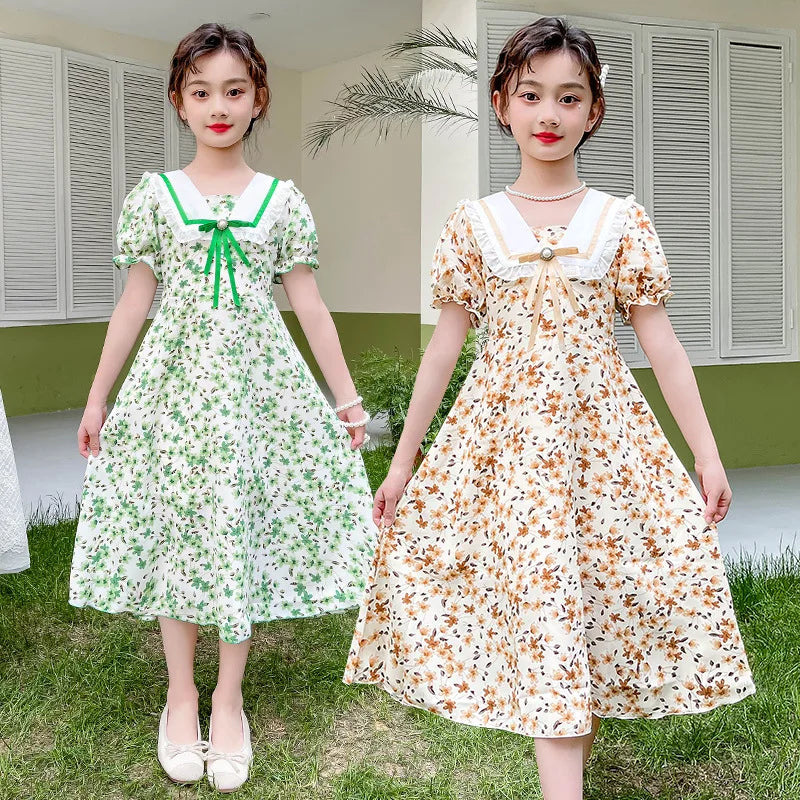 2024 Girls Summer Elegant New Children Casual Princess Teenager floral pearl green dress 5 6 7 8 9 10 11 12 13 year