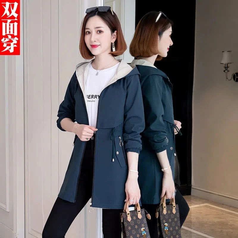 Fashion Double-Sided Wear Trench Coat Women's Mid-Longth Spring Autumn Women's Coats Tops High Quality Hooded Jacket Female Top