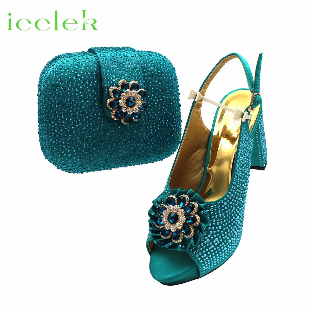 Teal Italian Design Summer Rhinestone Party High Heel Sandals for Nigerian Women Fashion High Quality Wedding Shoes and Bags Set