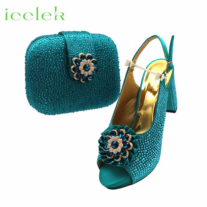 Teal Italian Design Summer Rhinestone Party High Heel Sandals for Nigerian Women Fashion High Quality Wedding Shoes and Bags Set