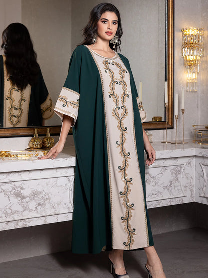 Ramadan Muslim Female Arab Moroccan Black Green Apricot Color Luxury Fashion Islamic Large Robe Rice Bead Embroidered Dress