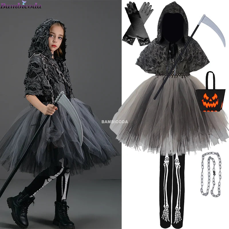 Halloween Grim Dresses Horror Death Cosplay Black Cloak Costume kids Girls Party Clothes Halloween Dress Demon Ghosts Costume