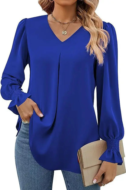 Women's New Solid Color Chiffon Shirt V-neck Pullover Flared Long Sleeved Top Shirt Office Lady Elegant Khaki Loose Blouses