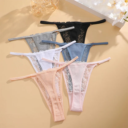 6PCS Sexy Lace G-thong Cotton Thong Metal Button Low Waist Women Thongs Sexy T-back Ladies Bikini Underwear G-String Lingeries