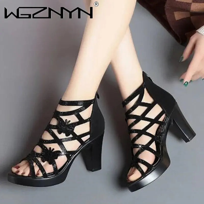 Woman Sandals Women Cyrstal Comfortable Pumps Ladies Fashion High Heels Female Rome Bling Hollow Out Shoes Women's Zip Footwear