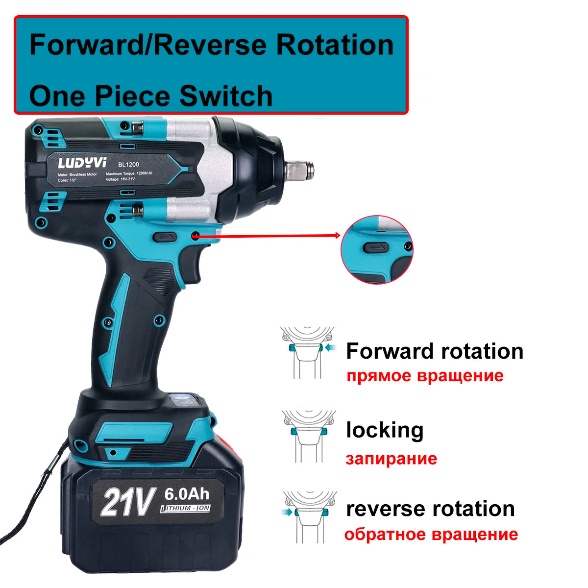 1200N.M  1/2" Cordless Electric Wrench Brushless Motor 21V Lithium Battery Impact Wrench, For Screw Removal and Auto Repair