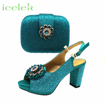 Teal Italian Design Summer Rhinestone Party High Heel Sandals for Nigerian Women Fashion High Quality Wedding Shoes and Bags Set