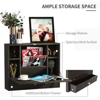 Wall Mounted Desk with Storage Shelves, Floating Desk with Foldable Tabletop, Space Saving Computer Writing Table, Coffee