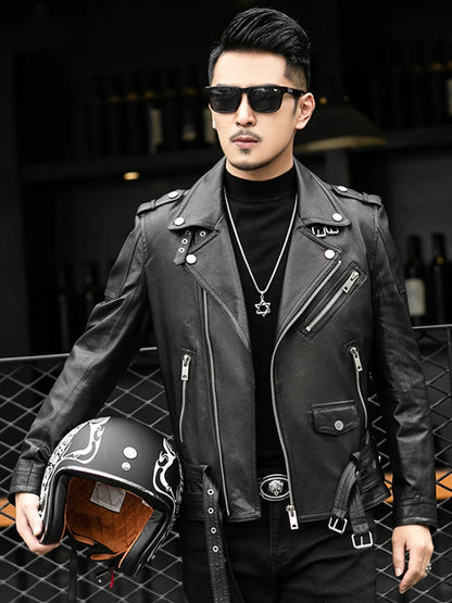 Spring Autumn Short Cool Black Leather Biker Jacket Men Zipper Long Sleeve Belt Plus Size European Fashion brand leather jackets