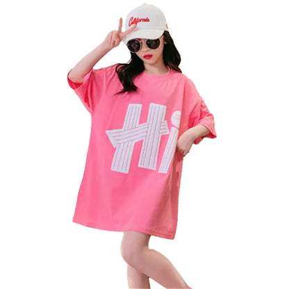 10 12 14 Years Girls Long Tops Short Sleeve Letter Print T-shirt Fashion Casual Teenager Clothing Summer Hot Sales Tees Clothes