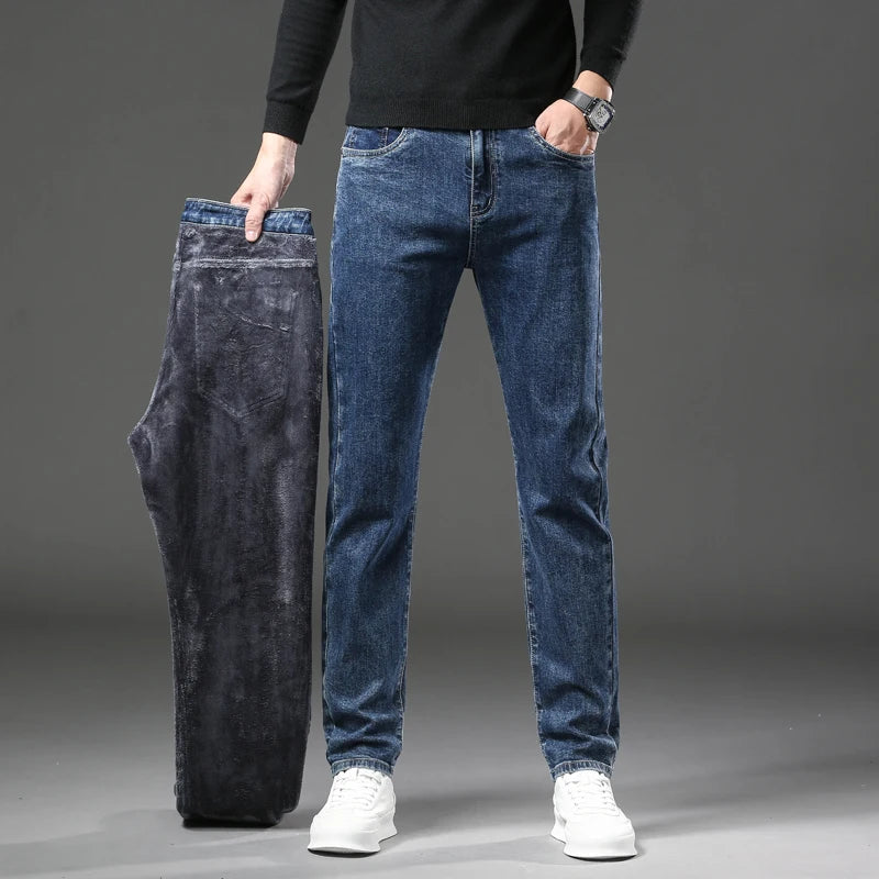 Men's Warm Fleece Jeans Winter New Thick Velvet Slim Fit Business Casual Pants Classic Black Blue Elastic Cotton Denim Pants