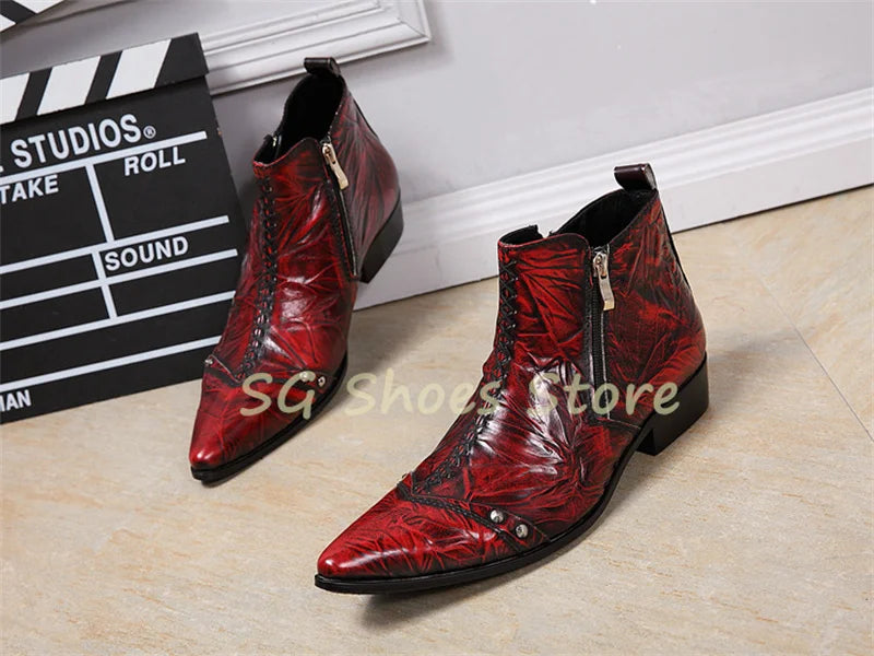 Pointed Toe Rivet Pleated Sewing Short Boots for Men Western Cowboys Boots Pointed Toe Chunky Heel Male Zipper Chelsea Boots