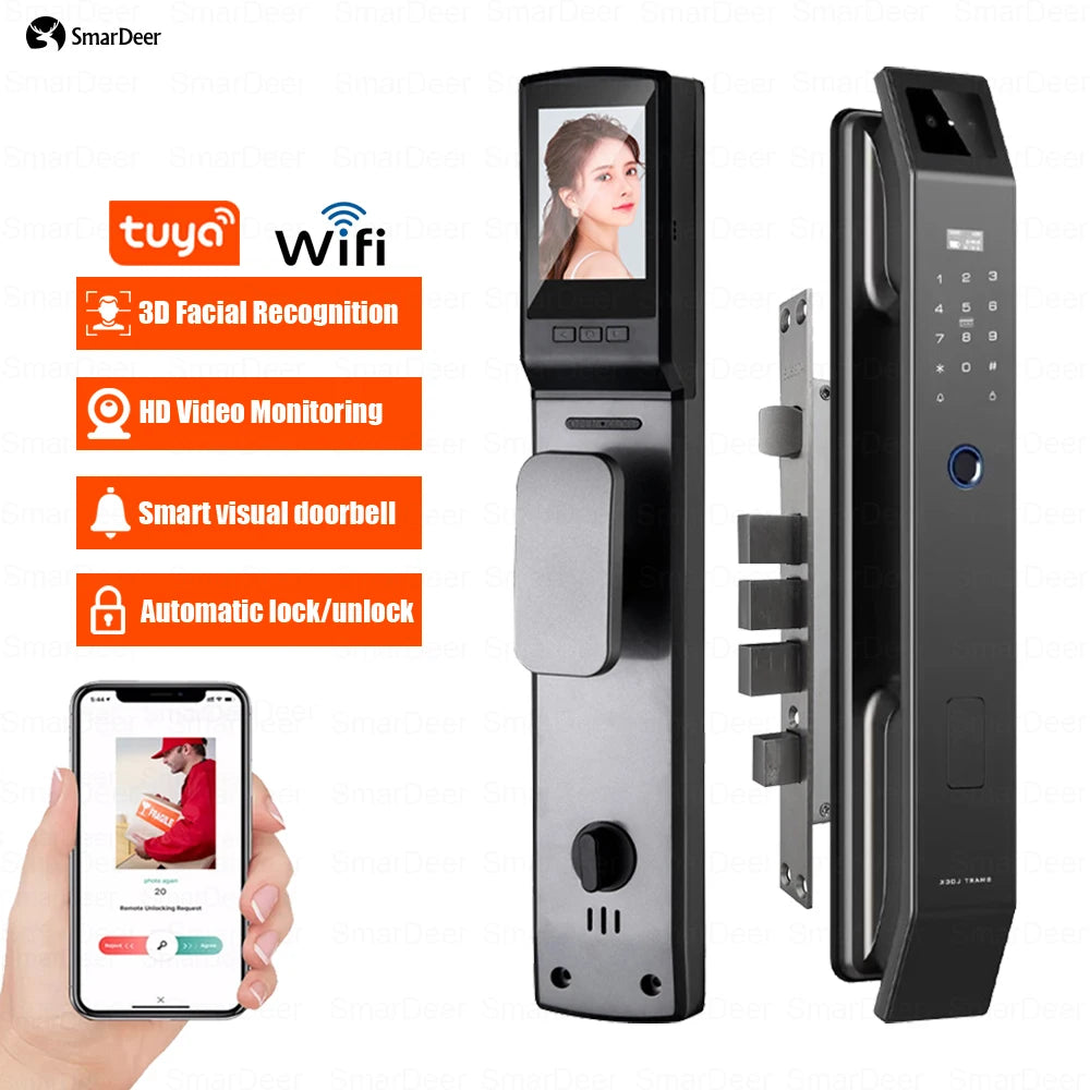 SmaerDeer Smart lock with Camera 3D Facial Recognition Electronic Door Lock with Visual Doorbell for Video Surveillance