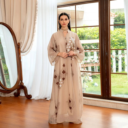 Mesh Sequins Embroidered Abaya Dress for Women Winter 2024 Middle East Arab Oman Dubai Muslim Moroccan Caftan Party Clothes Eid