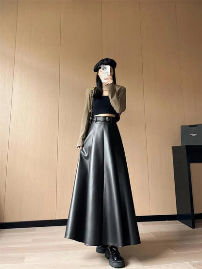 Women Black Elegant Party Pleated Long Skirt Fall Winter French Leisure Retro Brown High Waist Slim Pu Leather Half Length Skirt