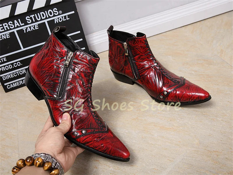 Pointed Toe Rivet Pleated Sewing Short Boots for Men Western Cowboys Boots Pointed Toe Chunky Heel Male Zipper Chelsea Boots