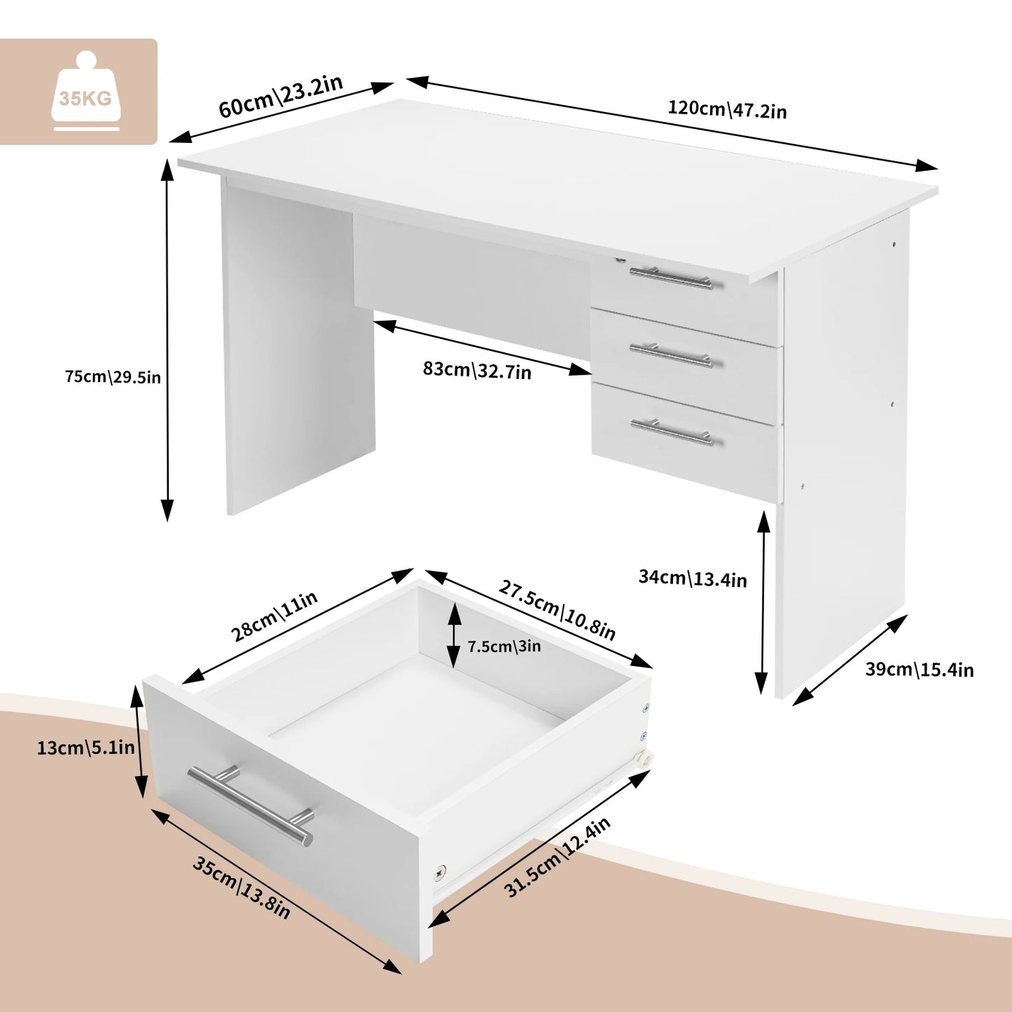 WOLTU Computer Office Desk Black/ White Chipboard Table PC Work Study Table with 3 Drawers Lock for Bedroom Writing Tables