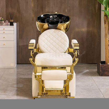 White Gold Vintage Barber Hair Washing Bed Salon Equipment Backwash Barber Shampoo Chair With Ceramic Bowl