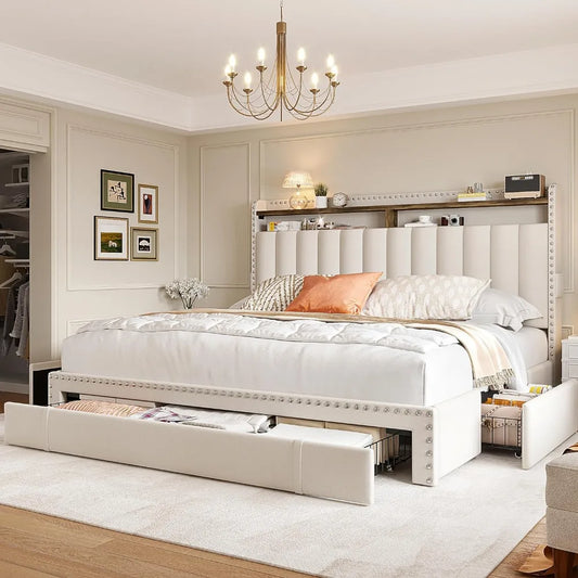 Queen Bed Frame with 3 Drawers, Upholstered , with Headboard,  with Storage, Easy Assembly, Queen Bed Frame